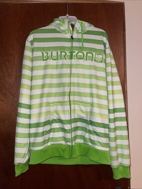 Burton Lime Green and White Striped Hooded Zip Jacket